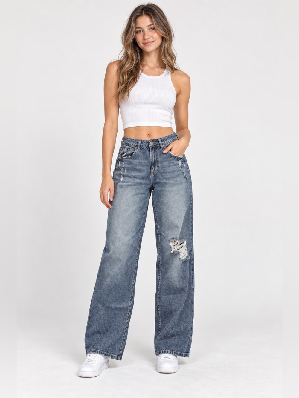 Distressed Wide Leg Jeans Ripped Denim High Waist Blue Size‎ 29